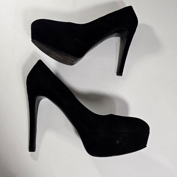 Stuart Weitzman Black Suede Platform Pumps Round Toe 7.5 N 5" Stiletto Heel - Picture 5 of 16